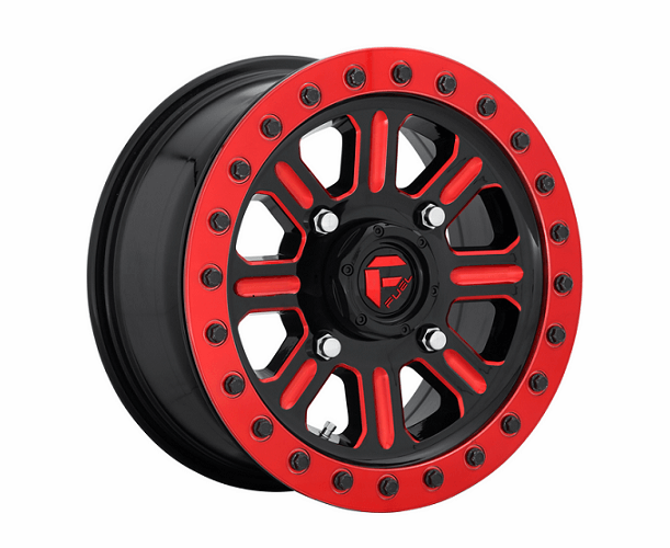 15" Fuel Hardline D911 Gloss Black & Milled w| Red Accents Beadlock Wheel Set